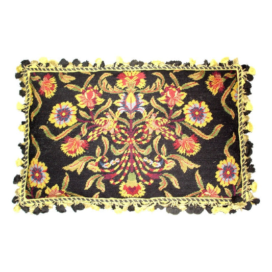 Handmade Wool Needlepoint Pillow Cover - Decorative Throw Cushion Cover - Vintage Floral Embroidery Design William Morris design black with 3 color tassel