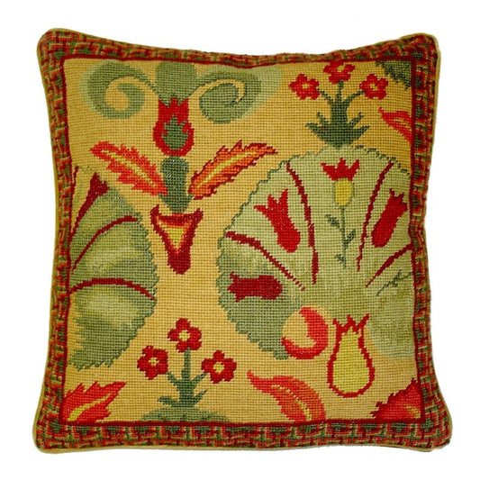 Handmade Wool Needlepoint Pillow Cover - Decorative Throw Cushion Cover - Vintage Floral Embroidery Design leaves in shade of rich gold, red, green