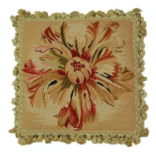 Handmade Wool Needlepoint Pillow Cover - Decorative Throw Cushion Cover - Vintage Floral Embroidery Design  Corn Flower center with tassel