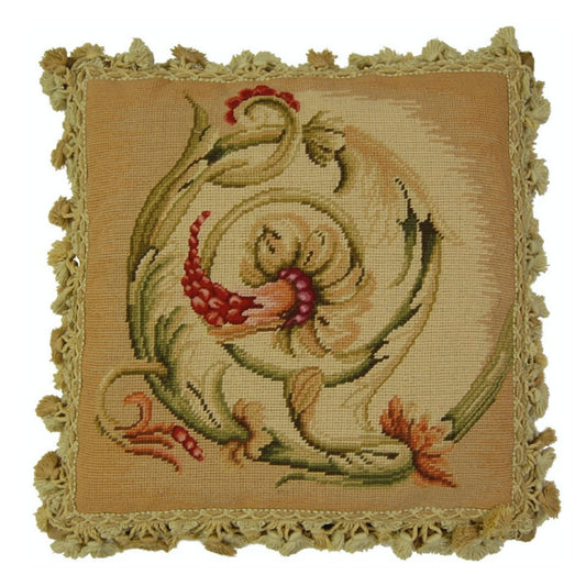 Handmade Wool Needlepoint Pillow Cover - Decorative Throw Cushion Cover - Vintage Floral Embroidery Design  Wheat blooming center circling with tassel