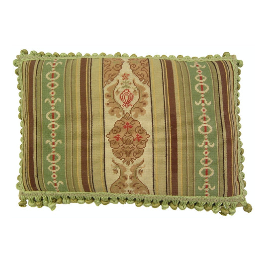 Handmade Wool Needlepoint Pillow Cover - Decorative Throw Cushion Cover - Vintage Floral Embroidery Design green/brown large patten in center with 3 color tassels
