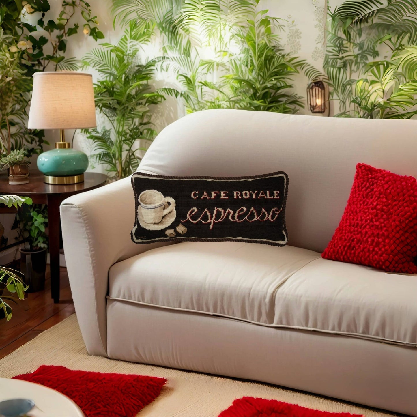 Handmade Wool Needlepoint Pillow Cover - Decorative Throw Cushion Cover - Vintage Floral Embroidery Design Emily Adams DesignSavoy Cafe with cording