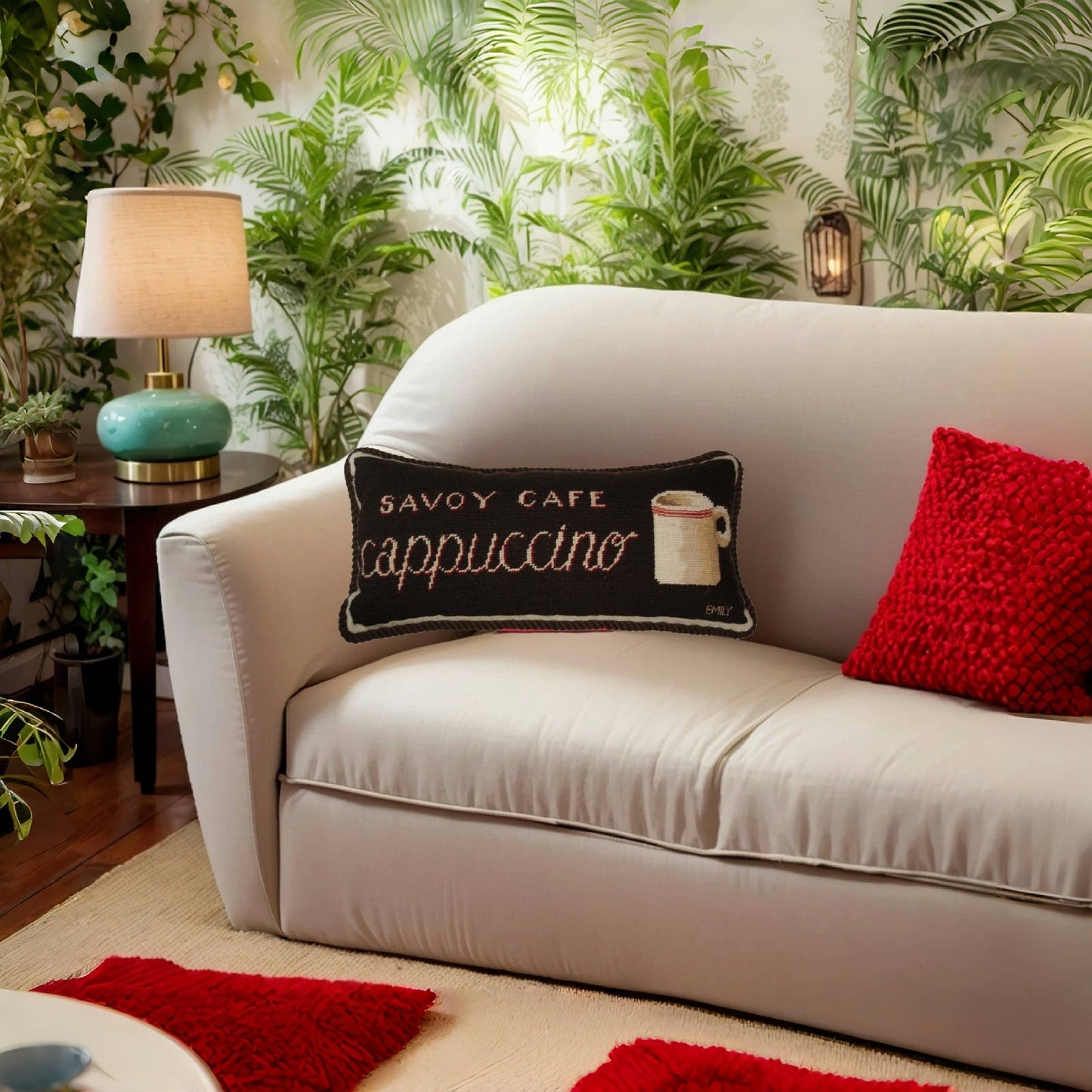 Handmade Wool Needlepoint Pillow Cover - Decorative Throw Cushion Cover - Vintage Floral Embroidery Design Emily Adamss designCafe Royale with cording