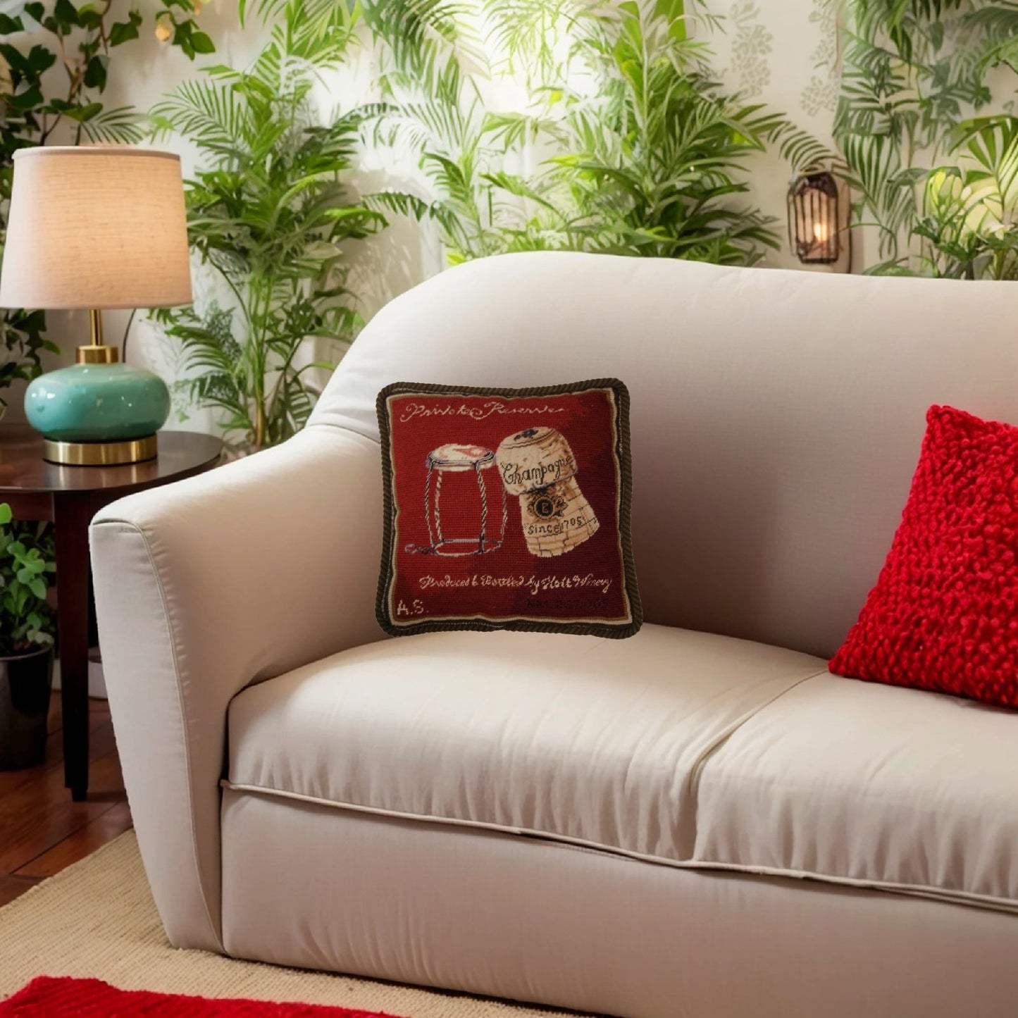 Handmade Wool Needlepoint Pillow Cover - Decorative Throw Cushion Cover - Vintage Floral Embroidery Design cork & wire red back Angela Staehling designPrivate Reserve with cording