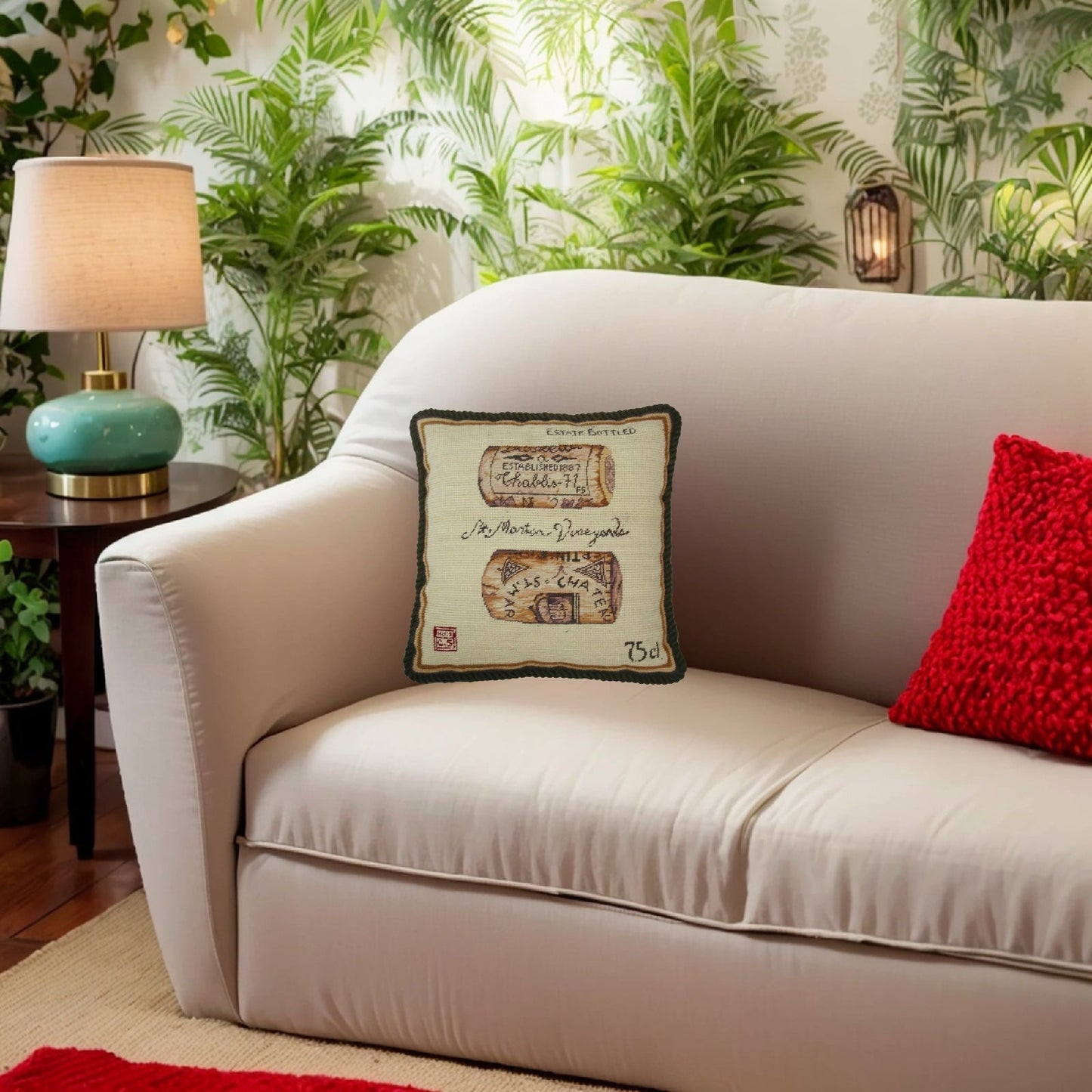 Handmade Wool Needlepoint Pillow Cover - Decorative Throw Cushion Cover - Vintage Floral Embroidery Design corks back Angela Staehling designSt Martin Vineyards with cording