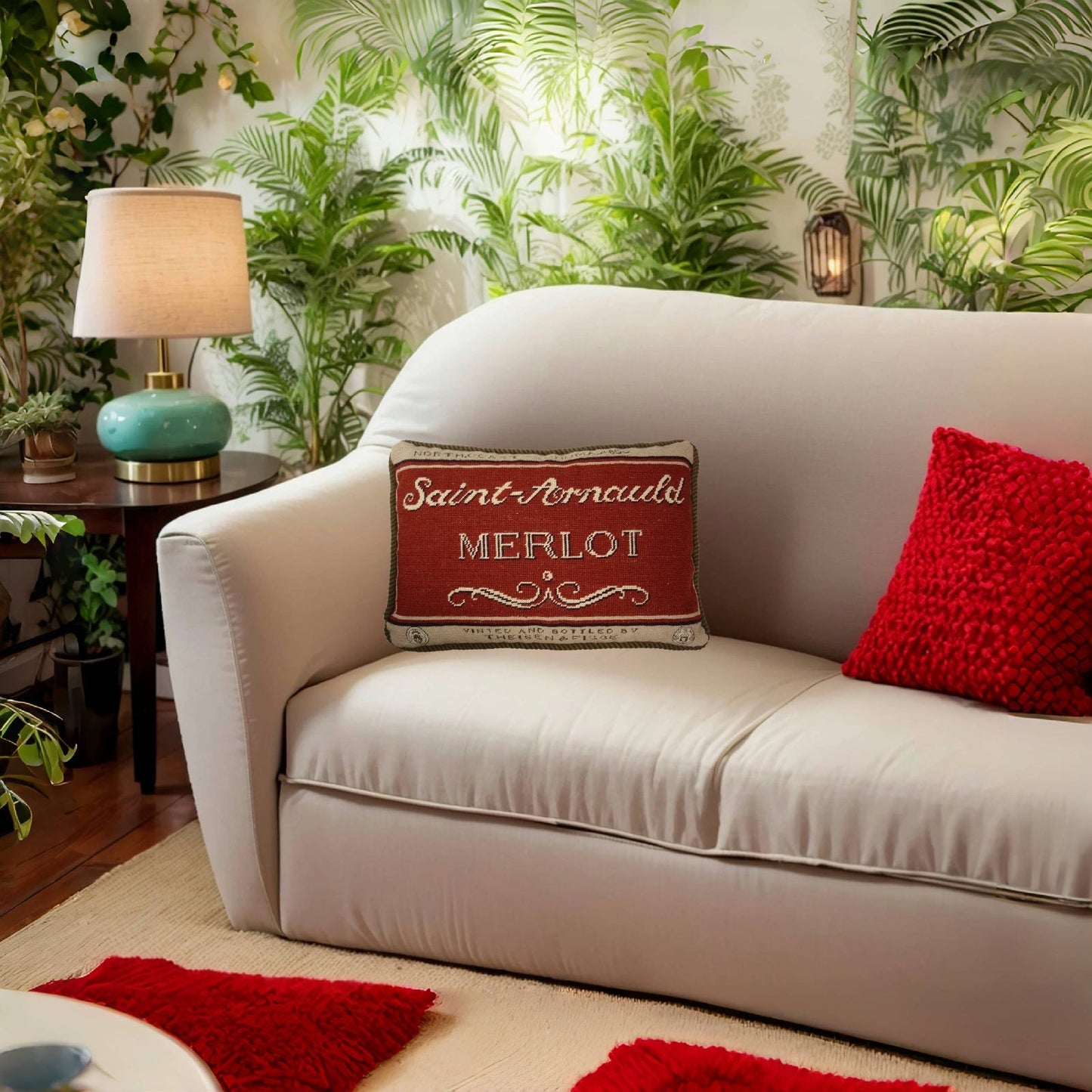 Handmade Wool Needlepoint Pillow Cover - Decorative Throw Cushion Cover - Vintage Floral Embroidery Design with  Angela Staehling designSaint-Arnauld with cording