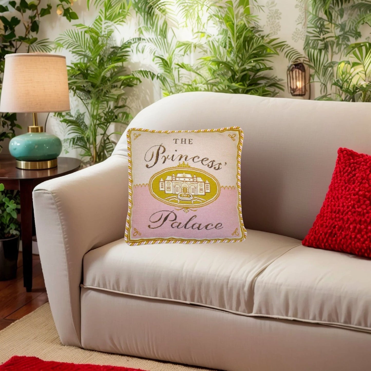 Handmade Wool Needlepoint Pillow Cover - Decorative Throw Cushion Cover - Vintage Floral Embroidery Design pricess castla with 2 color cording