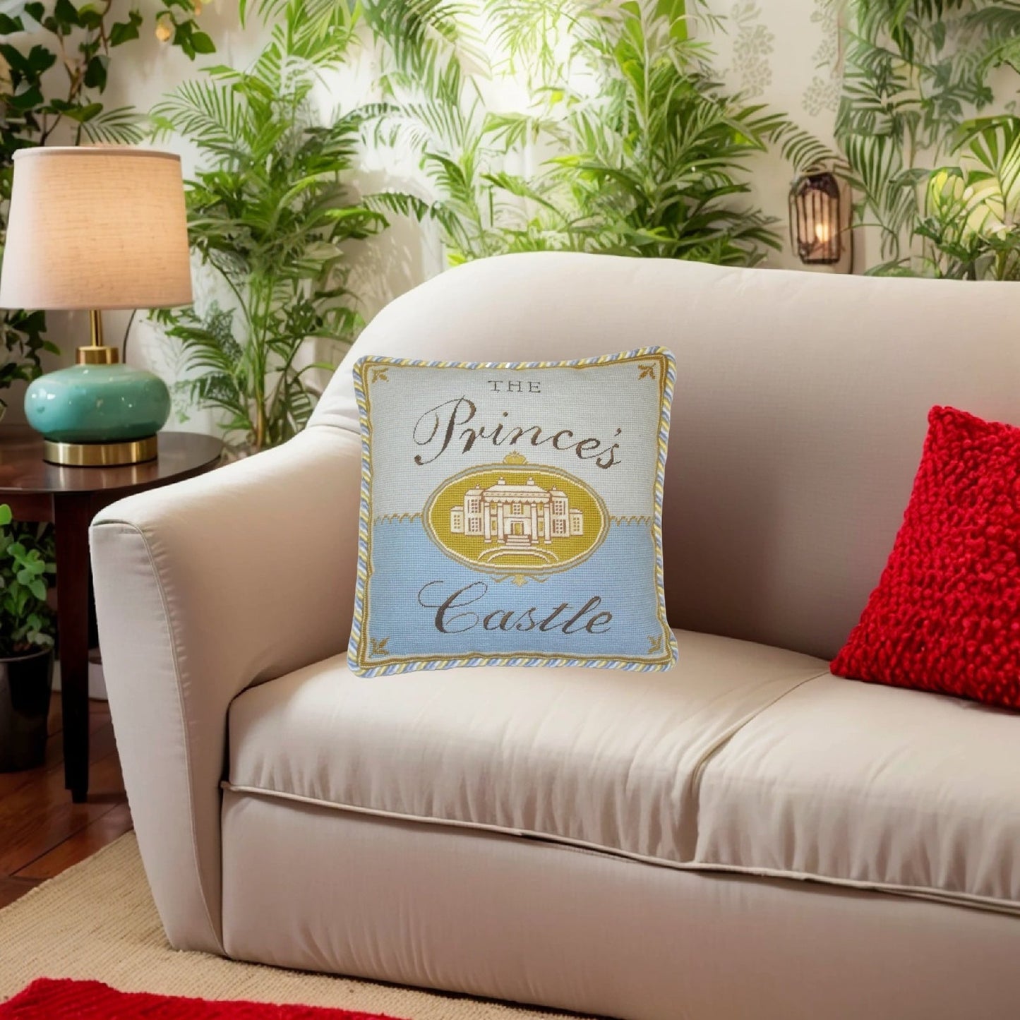 Handmade Wool Needlepoint Pillow Cover - Decorative Throw Cushion Cover - Vintage Floral Embroidery Design priceses castla with 2 color cording