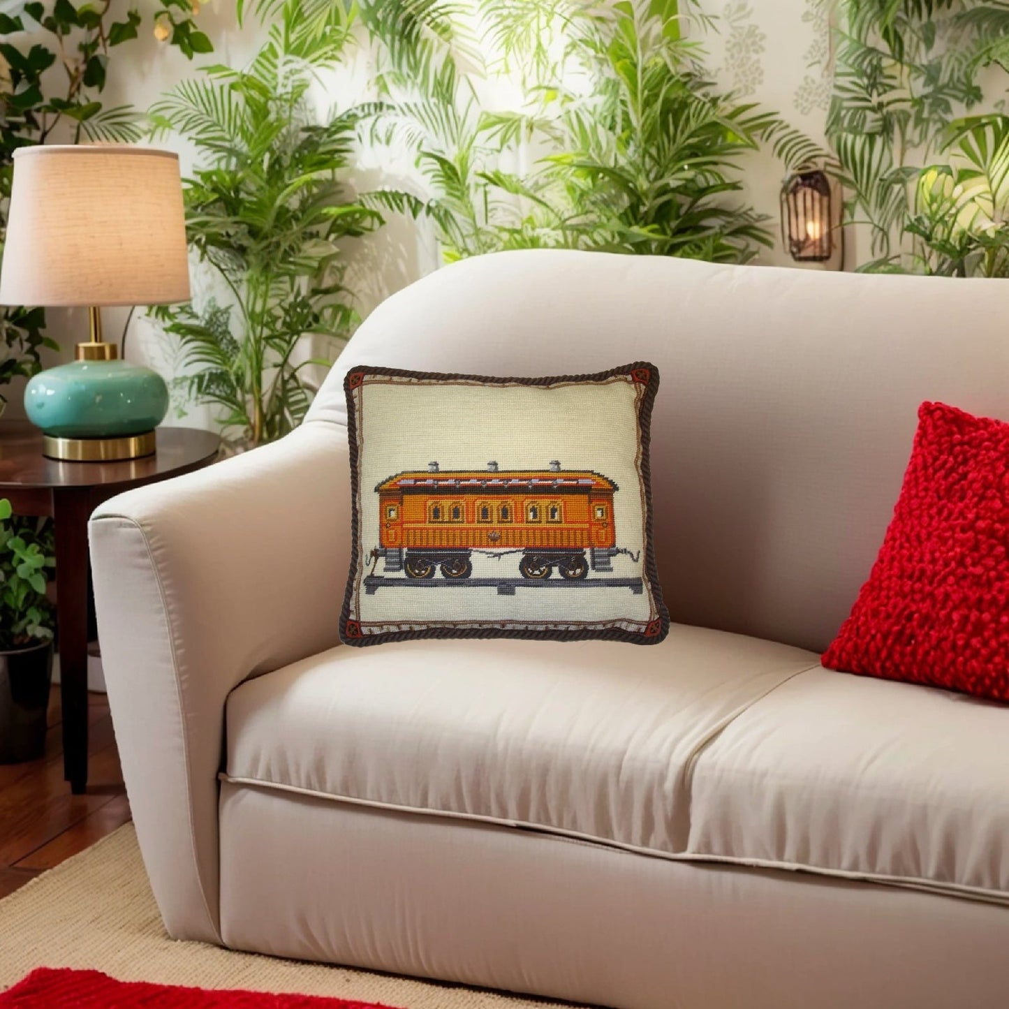 Handmade Wool Needlepoint Pillow Cover - Decorative Throw Cushion Cover - Vintage Floral Embroidery Design  train with brown cording