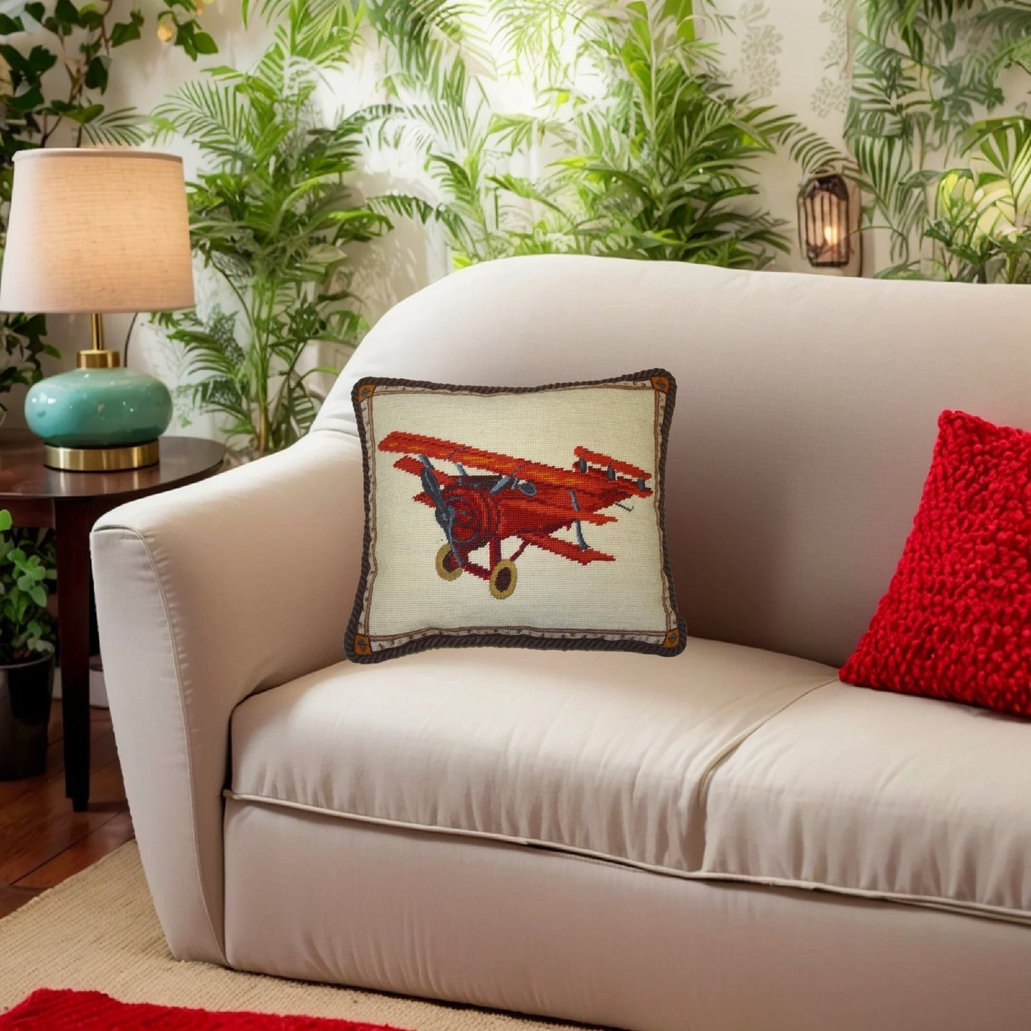 Handmade Wool Needlepoint Pillow Cover - Decorative Throw Cushion Cover - Vintage Floral Embroidery Design  plane with brown cording