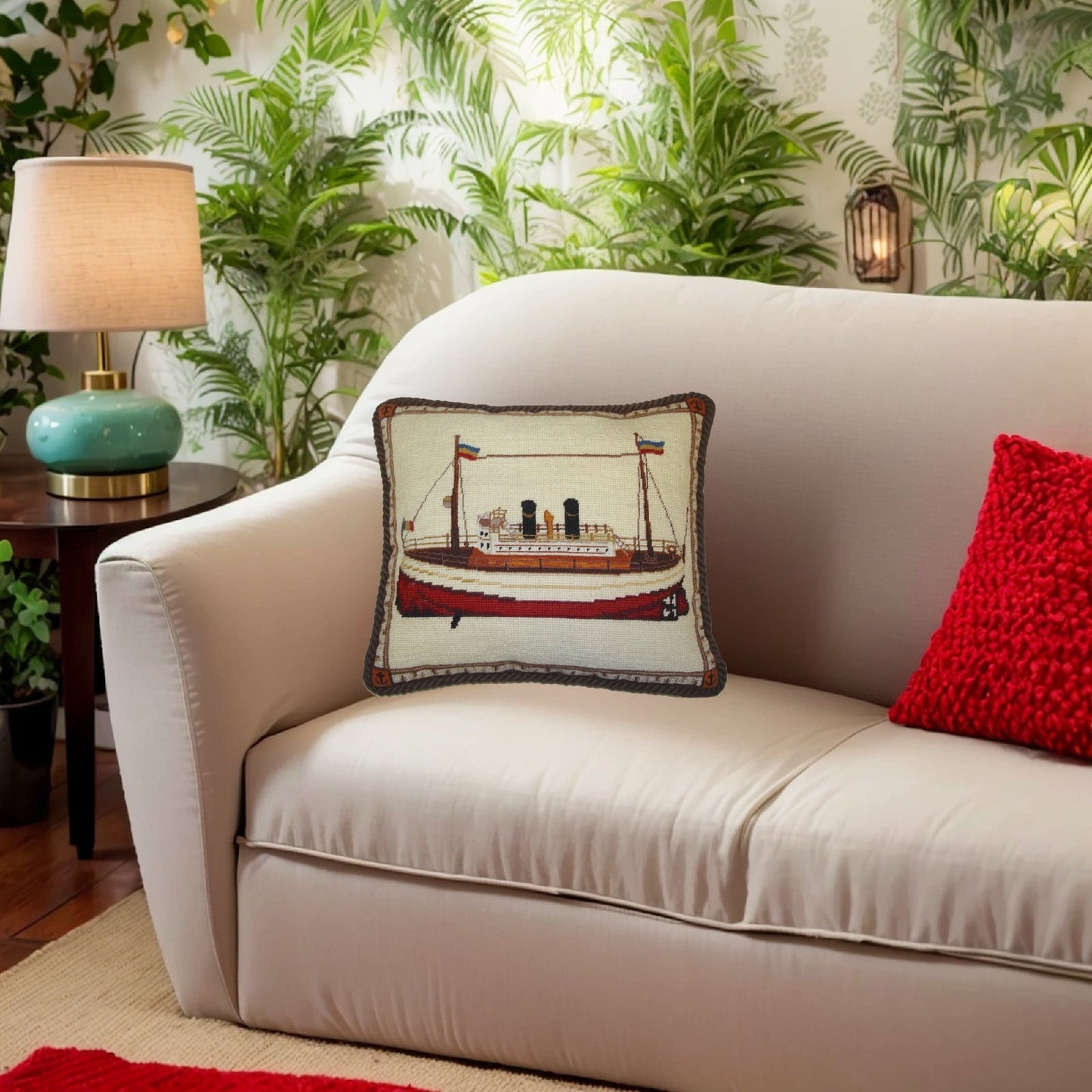 Handmade Wool Needlepoint Pillow Cover - Decorative Throw Cushion Cover - Vintage Floral Embroidery Design boat with brown cording