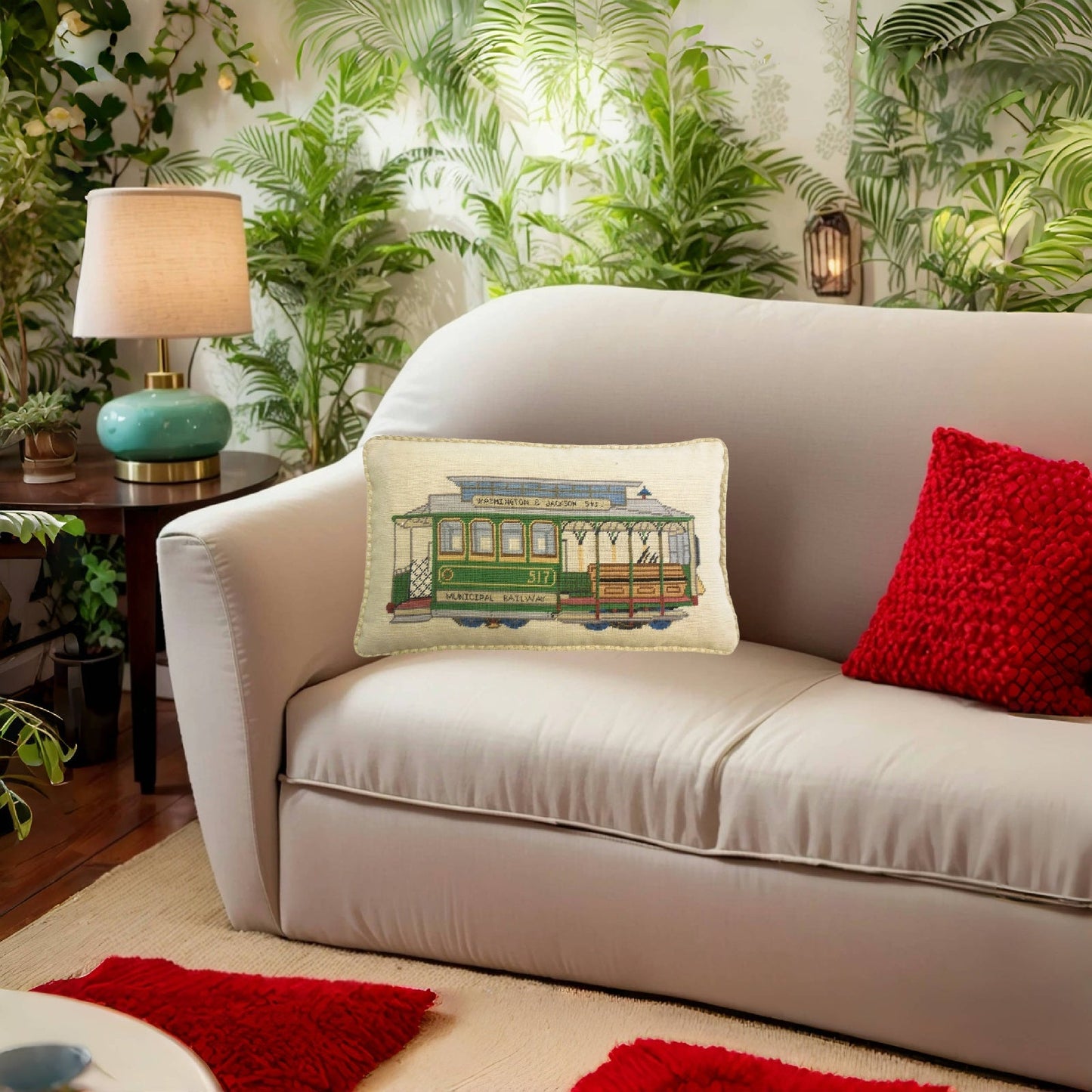 Handmade Wool Needlepoint Pillow Cover - Decorative Throw Cushion Cover - Vintage Floral Embroidery Design  SF cable car Washington-Jackson St checker cording