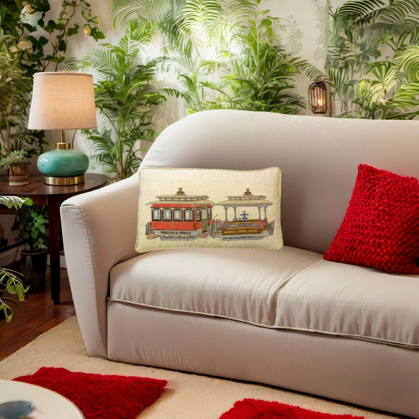 Handmade Wool Needlepoint Pillow Cover - Decorative Throw Cushion Cover - Vintage Floral Embroidery Design  SF cable car Presidio- Ferries checker cording