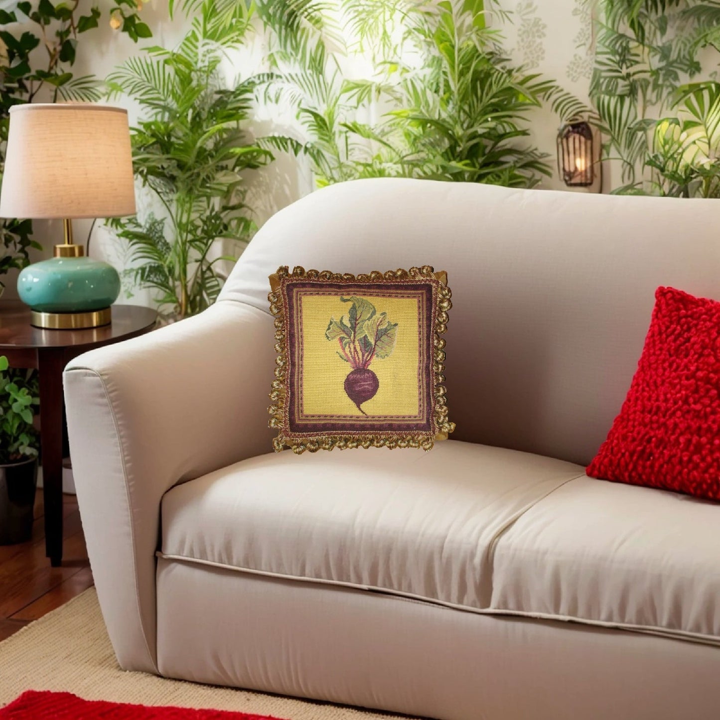 Handmade Wool Needlepoint Pillow Cover - Decorative Throw Cushion Cover - Vintage Floral Embroidery Design  background 3 color tassel 3