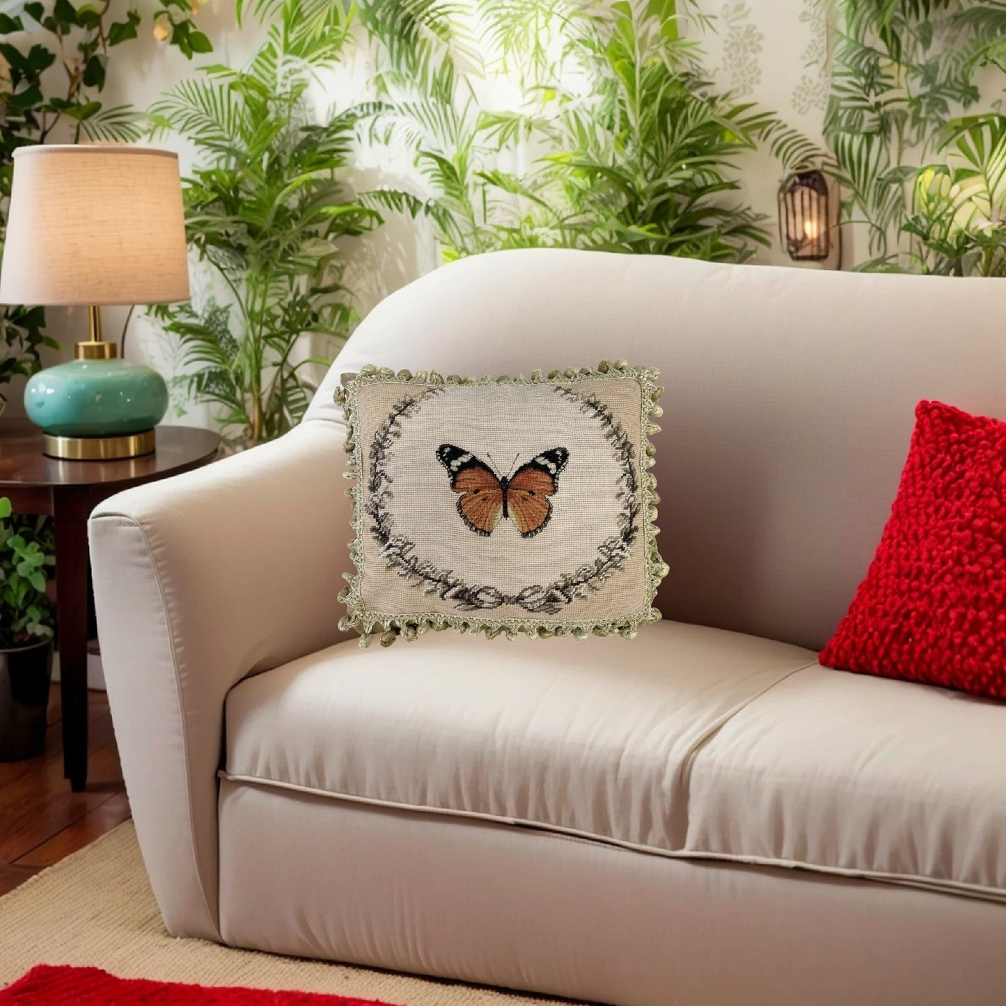 Handmade Wool Needlepoint Pillow Cover - Decorative Throw Cushion Cover - Vintage Floral Embroidery Design orange butterfly with 2 color tassel