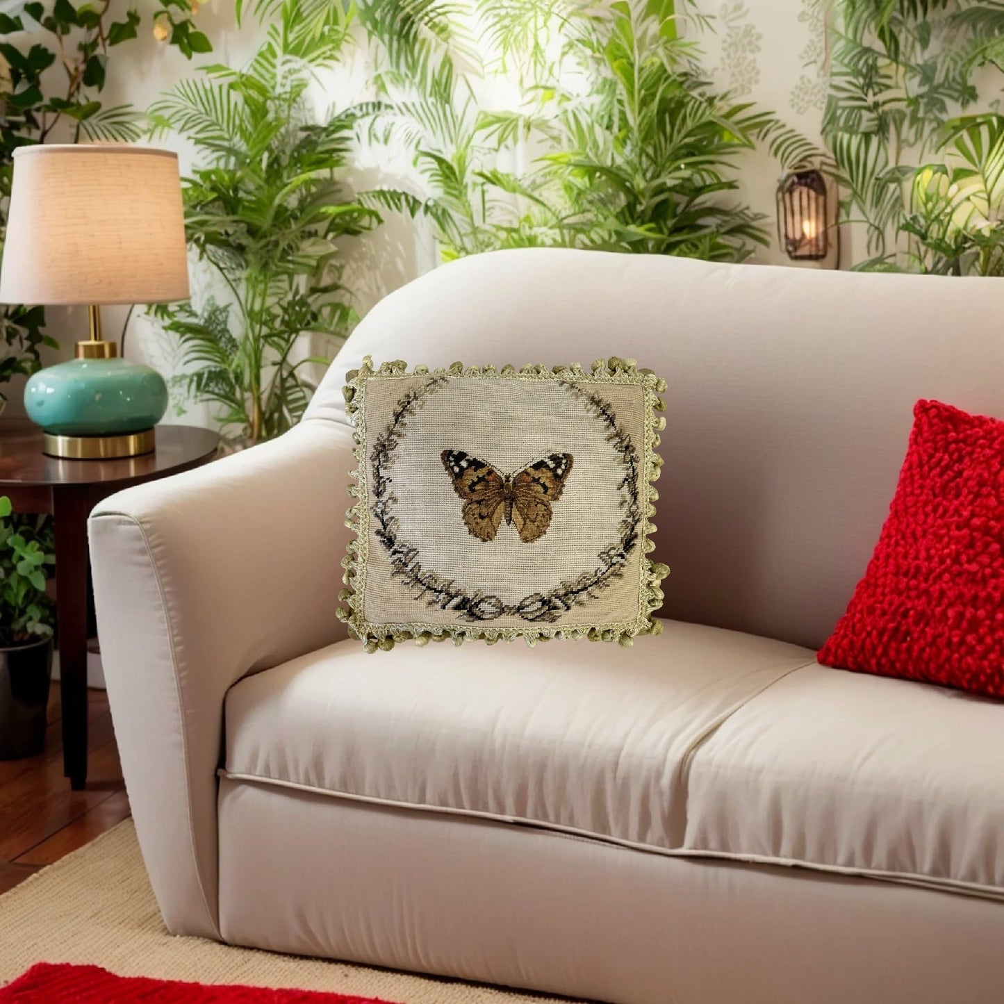 Handmade Wool Needlepoint Pillow Cover - Decorative Throw Cushion Cover - Vintage Floral Embroidery Design brown butterfly with 2 color tassel