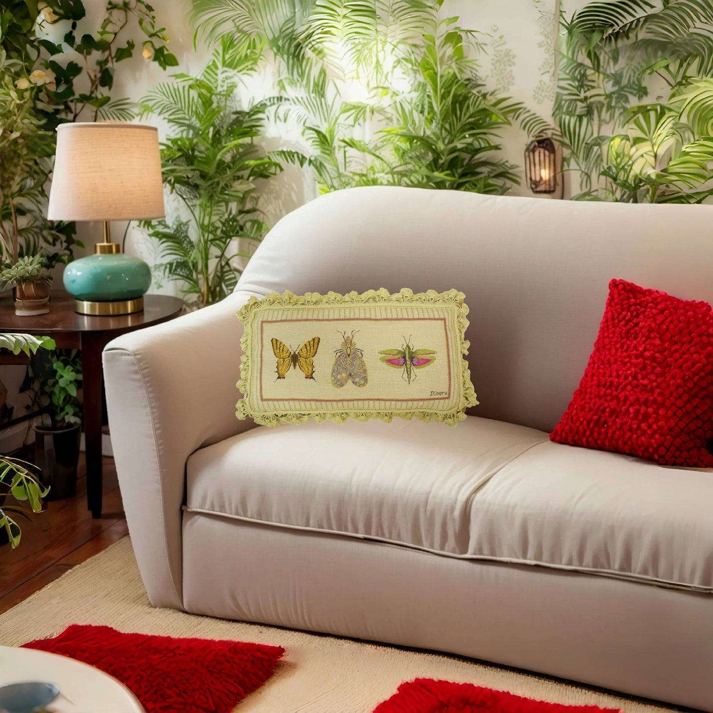 Handmade Wool Needlepoint Pillow Cover - Decorative Throw Cushion Cover - Vintage Floral Embroidery Design Jan Cooleys Bug Collection 1 insects Butterfly, Flyer, Grasshopper grosspoint background with tassels