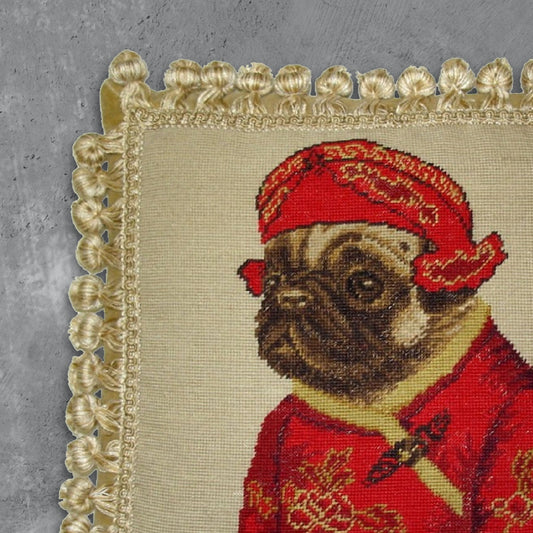 Handmade Wool Needlepoint Pillow Cover - Decorative Throw Cushion Cover - Vintage Floral Embroidery Design  pug boy in red jacket ware hat with 3 color cording