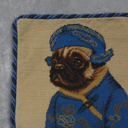 Handmade Wool Needlepoint Pillow Cover - Decorative Throw Cushion Cover - Vintage Floral Embroidery Design  pug boy in blue with 3 color cording