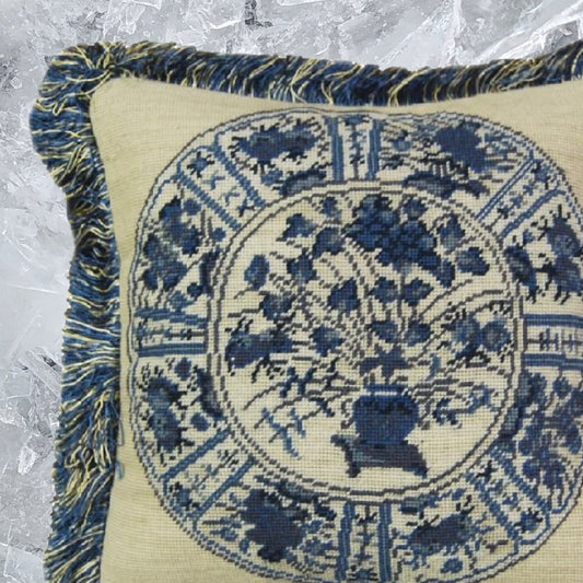 Handmade Wool Needlepoint Pillow Cover - Decorative Throw Cushion Cover - Vintage Floral Embroidery Design  blue/white 8 Imari with 2 color bush tassel