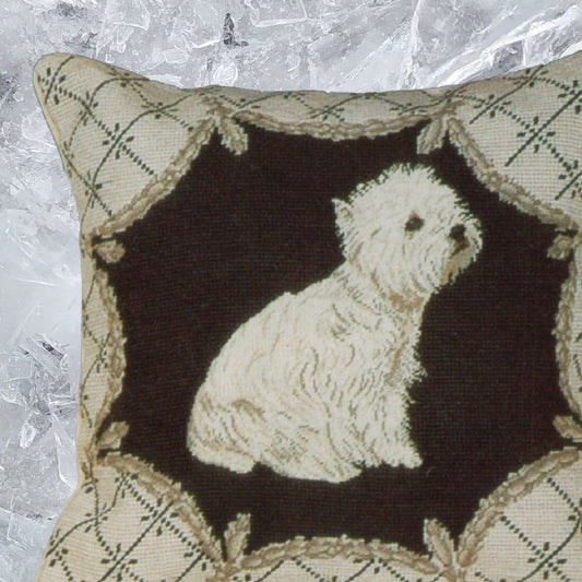 Handmade Wool Needlepoint Pillow Cover - Decorative Throw Cushion Cover - Vintage Floral Embroidery Design  West Highland Terrier in liver gray trimming frame