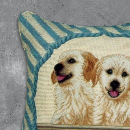 Handmade Wool Needlepoint Pillow Cover - Decorative Throw Cushion Cover - Vintage Floral Embroidery Design  2 puppies in balcony