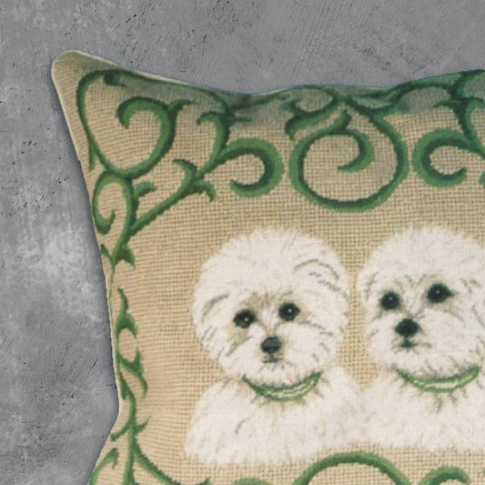 Handmade Wool Needlepoint Pillow Cover - Decorative Throw Cushion Cover - Vintage Floral Embroidery Design  twin Westie in green leave frame