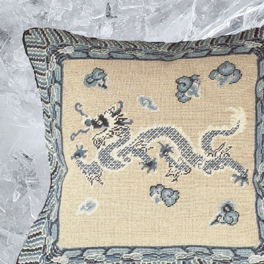 Handmade Wool Needlepoint Pillow Cover - Decorative Throw Cushion Cover - Vintage Floral Embroidery Design  blue/white Dragon
