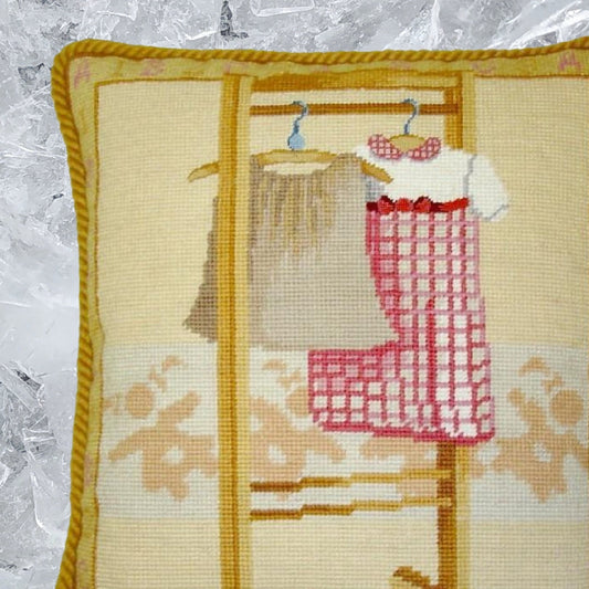 Handmade Wool Needlepoint Pillow Cover - Decorative Throw Cushion Cover - Vintage Floral Embroidery Design pink dress with gold cording