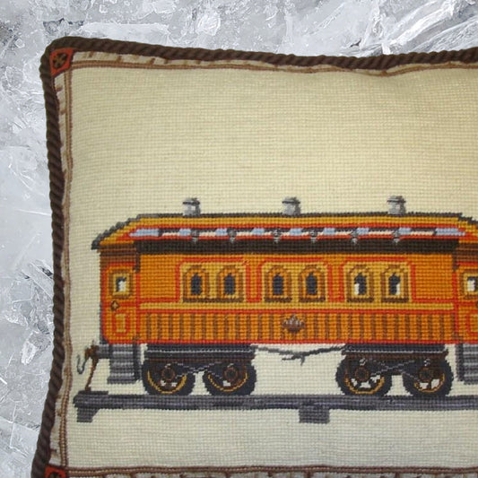 Handmade Wool Needlepoint Pillow Cover - Decorative Throw Cushion Cover - Vintage Floral Embroidery Design  train with brown cording