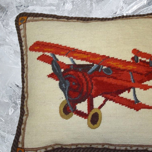 Handmade Wool Needlepoint Pillow Cover - Decorative Throw Cushion Cover - Vintage Floral Embroidery Design  plane with brown cording