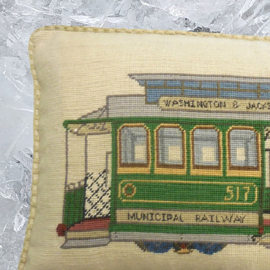 Handmade Wool Needlepoint Pillow Cover - Decorative Throw Cushion Cover - Vintage Floral Embroidery Design  SF cable car Washington-Jackson St checker cording