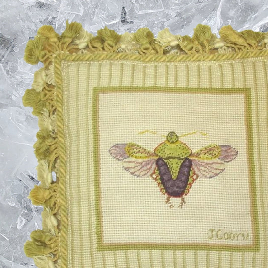 Handmade Wool Needlepoint Pillow Cover - Decorative Throw Cushion Cover - Vintage Floral Embroidery Design Jan Cooleys Stink Bug Finest insect Flyer grosspoint background with tassels