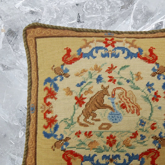 Handmade Wool Needlepoint Pillow Cover - Decorative Throw Cushion Cover - Vintage Floral Embroidery Design  rest with cording