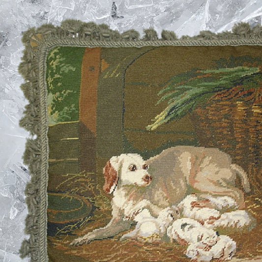 Handmade Wool Needlepoint Pillow Cover - Decorative Throw Cushion Cover - Vintage Floral Embroidery Design dog mom with puppies background with tassel