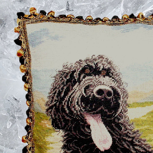 Handmade Wool Needlepoint Pillow Cover - Decorative Throw Cushion Cover - Vintage Floral Embroidery Design on WaterSpaniels face and tong others with 2 color tassels