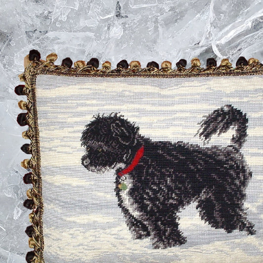 Handmade Wool Needlepoint Pillow Cover - Decorative Throw Cushion Cover - Vintage Floral Embroidery Design on WaterSpaniels face others 2 color tassels