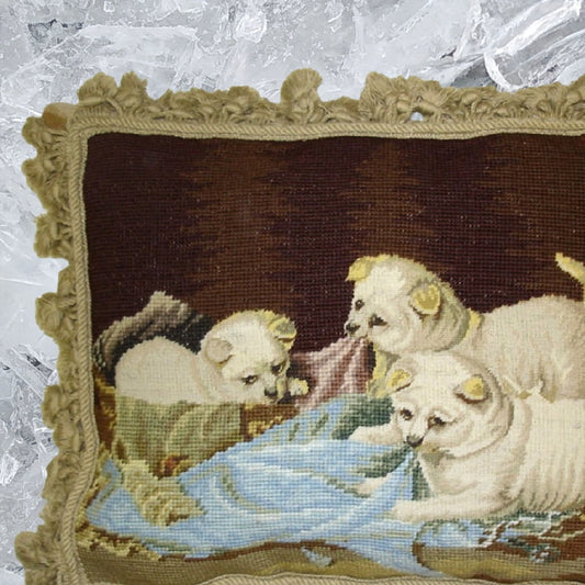 Handmade Wool Needlepoint Pillow Cover - Decorative Throw Cushion Cover - Vintage Floral Embroidery Design  puppies
