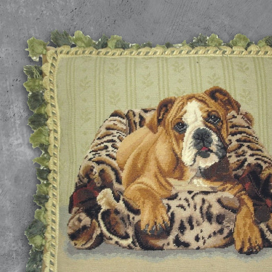 Handmade Wool Needlepoint Pillow Cover - Decorative Throw Cushion Cover - Vintage Floral Embroidery Design  bull dog with mixed green tassel