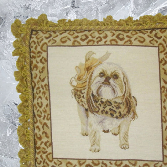 Handmade Wool Needlepoint Pillow Cover - Decorative Throw Cushion Cover - Vintage Floral Embroidery Design  Shih-Tzu ware the animal print scarf with 2 color tassel