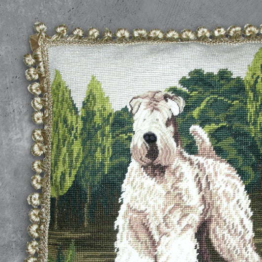 Handmade Wool Needlepoint Pillow Cover - Decorative Throw Cushion Cover - Vintage Floral Embroidery Design white Wheaten Terrie face rest with tassels