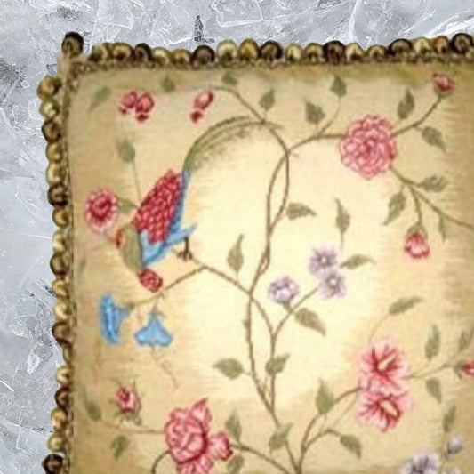 Handmade Wool Needlepoint Pillow Cover - Decorative Throw Cushion Cover - Vintage Floral Embroidery Design  red/blue phoenix & plum in blossom with 3 color tassels 1