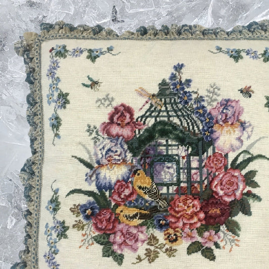 Handmade Wool Needlepoint Pillow Cover - Decorative Throw Cushion Cover - Vintage Floral Embroidery Design  yellow birds with tassel