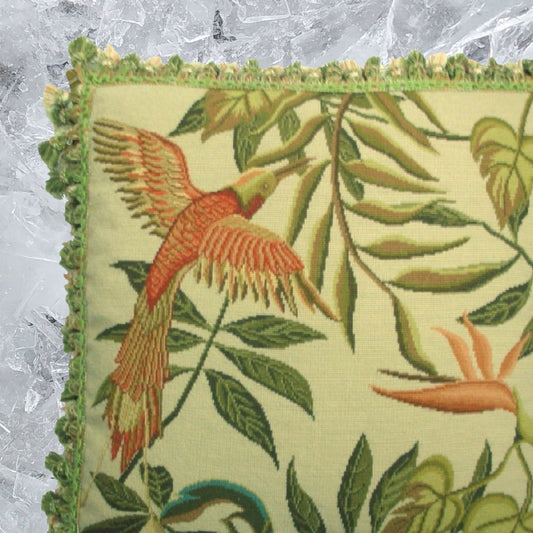 Handmade Wool Needlepoint Pillow Cover - Decorative Throw Cushion Cover - Vintage Floral Embroidery Design  birds of Paradise  with tassel 1