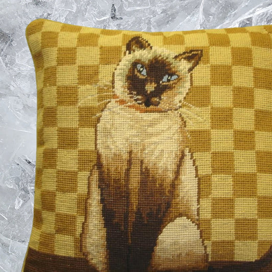 Handmade Wool Needlepoint Pillow Cover - Decorative Throw Cushion Cover - Vintage Floral Embroidery Design with  badge brown cat gold checker
