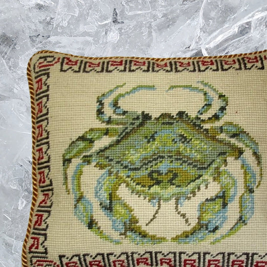 Handmade Wool Needlepoint Pillow Cover - Decorative Throw Cushion Cover - Vintage Floral Embroidery Design Crab gold cording