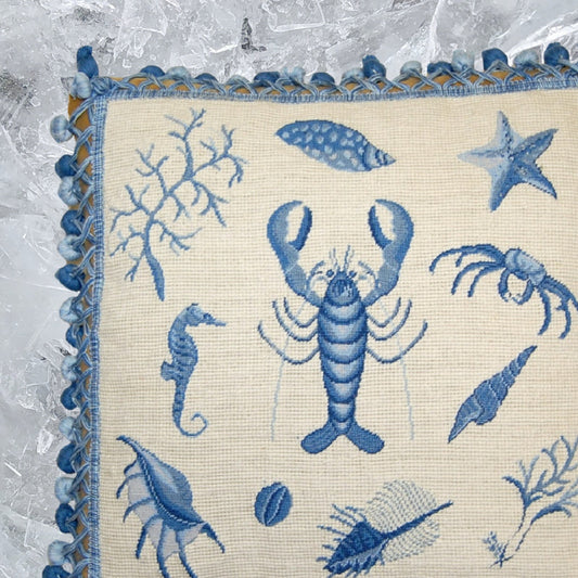 Handmade Wool Needlepoint Pillow Cover - Decorative Throw Cushion Cover - Vintage Floral Embroidery Design Fienst blue robster with tassels