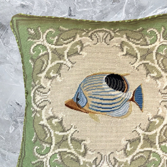 Handmade Wool Needlepoint Pillow Cover - Decorative Throw Cushion Cover - Vintage Floral Embroidery Designtropical fish-foureye butterflyfish green frame checker cording