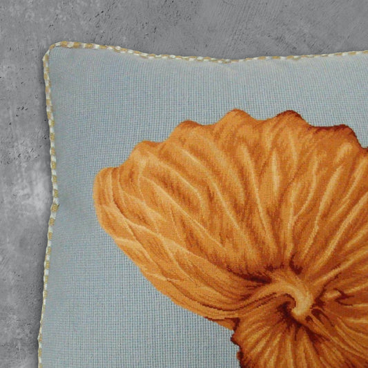 Handmade Wool Needlepoint Pillow Cover - Decorative Throw Cushion Cover - Vintage Floral Embroidery Design Nautilus shell light blue background with cording