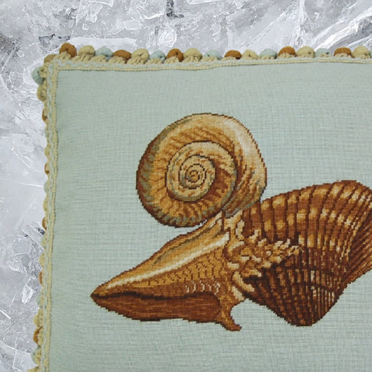 Handmade Wool Needlepoint Pillow Cover - Decorative Throw Cushion Cover - Vintage Floral Embroidery Design  blue background fan shell and other sea shells with tassels